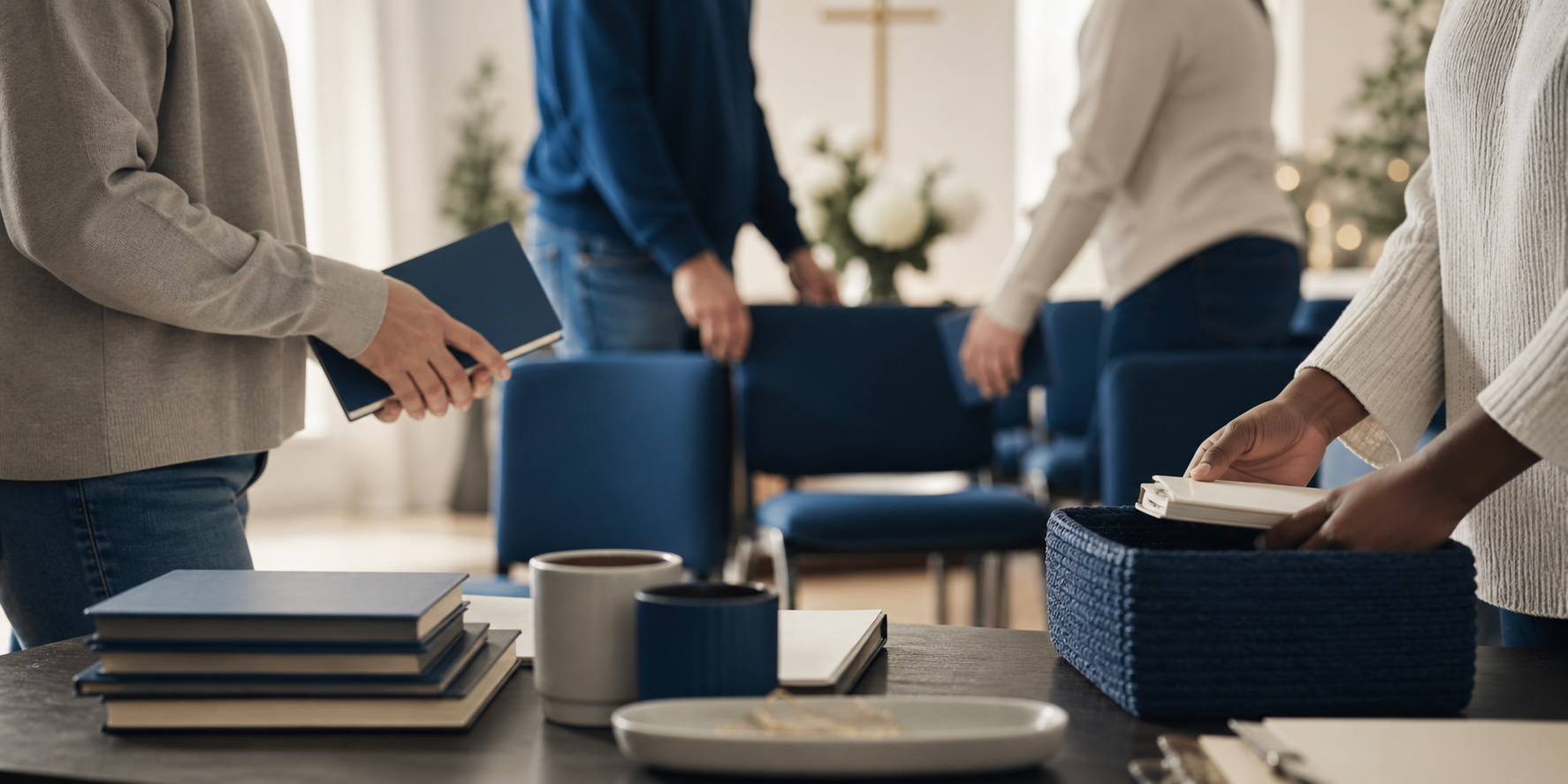 Personas sirviendo y preparando un espacio de comunidad en la iglesia